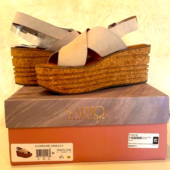 (8.5) FRANCO SARTO BM vanilla suede Caroline cork real suede leather 3”platforms - Picture 1 of 12